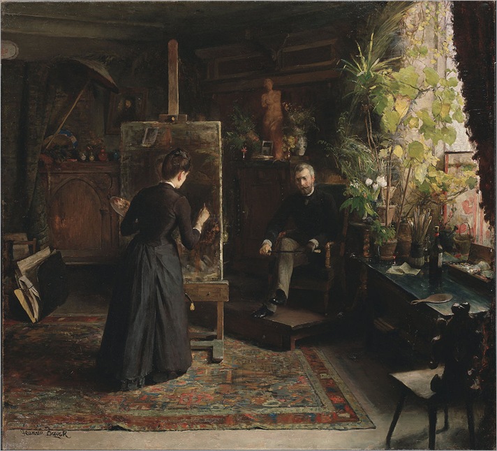 The Danish Artist Bertha Wegmann Painting a Portrait (late 1870s). Jeanna Bauck (Swedish, 1840-1926)