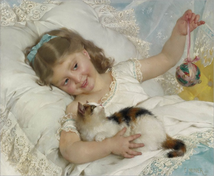 Emile Munier - A Girl Playing with a Kitten