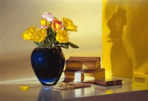 JeremiahStermer_yellow_roses,_blue_vase_&_antique_books