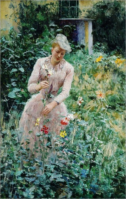 Belgian artist Emile Claus (1849-1924)-lady in the garden