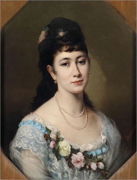 Aristides Oeconomo (1821-1887) Portrait of a Lady with Pearl Necklace and Flowers on her Décolleté