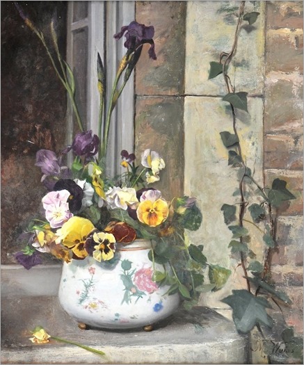 M. Weiss (French, 19th Century)-Still Life with a bowl of flowers in a china bowl, on a garden ledge