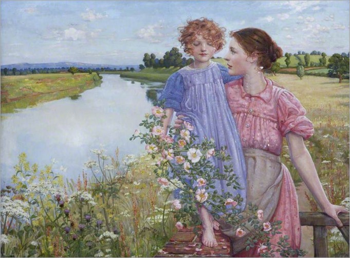 A mother and child by a river, with wild roses, 1900 - by Mildred Anne Butter