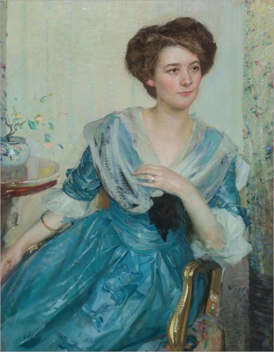 RICHARD EDWARD MILLER American (1875-1943) Portrait of a Woman in Blue Dress