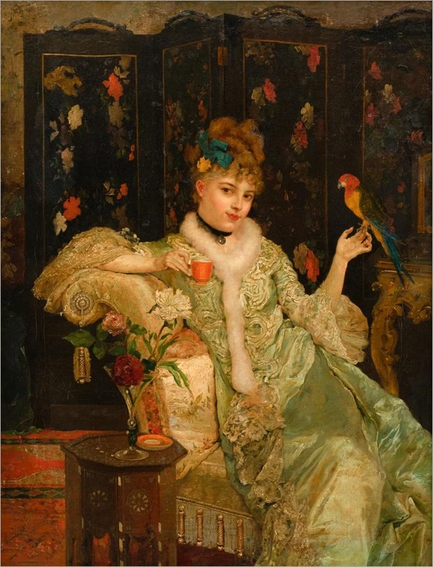 alfred stevens-Young woman with parrot in front of folding screen